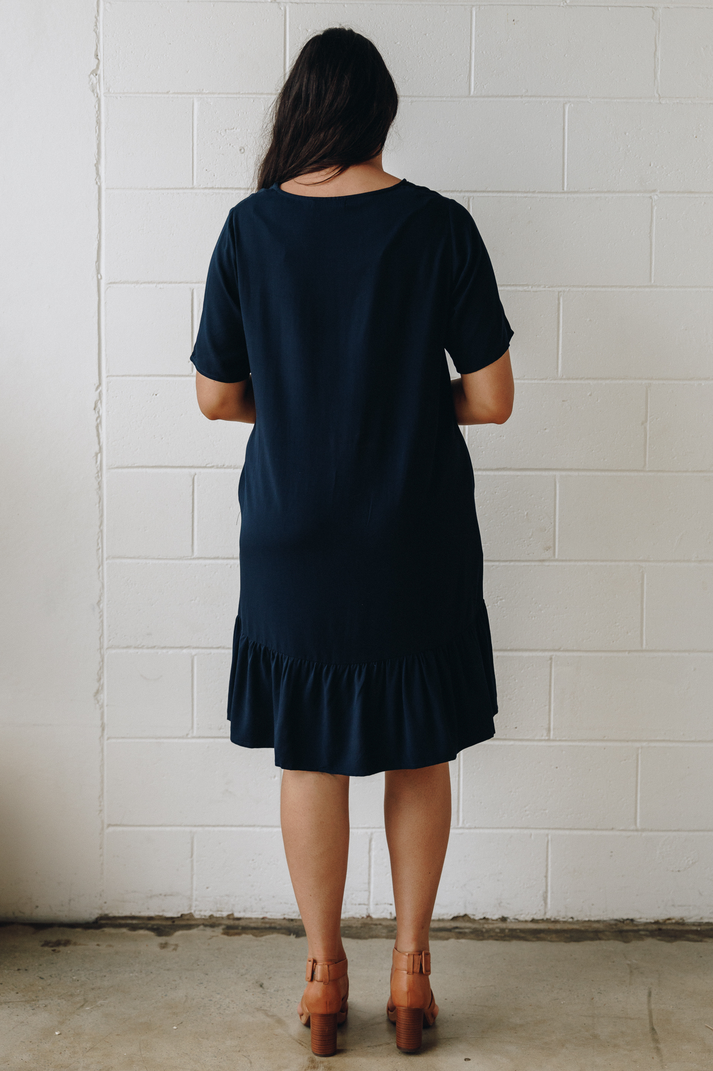 Short Sleeve Flare Dress in Navy