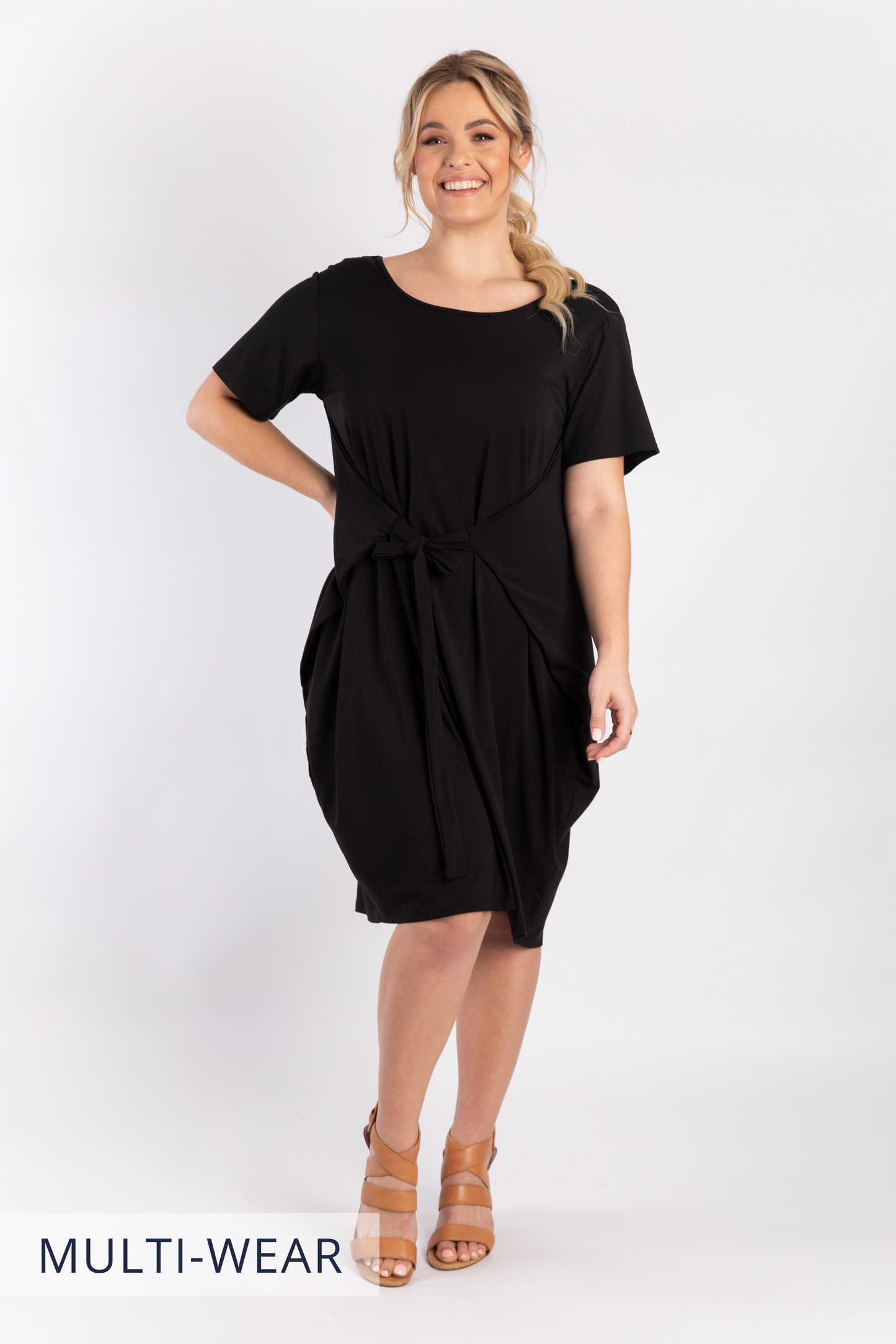 Short Sleeve Tidal Midi Dress in Black